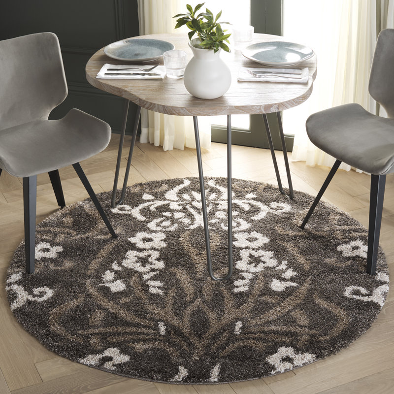 Tapis beige à motif floral Ellyona, Rond 5 pi