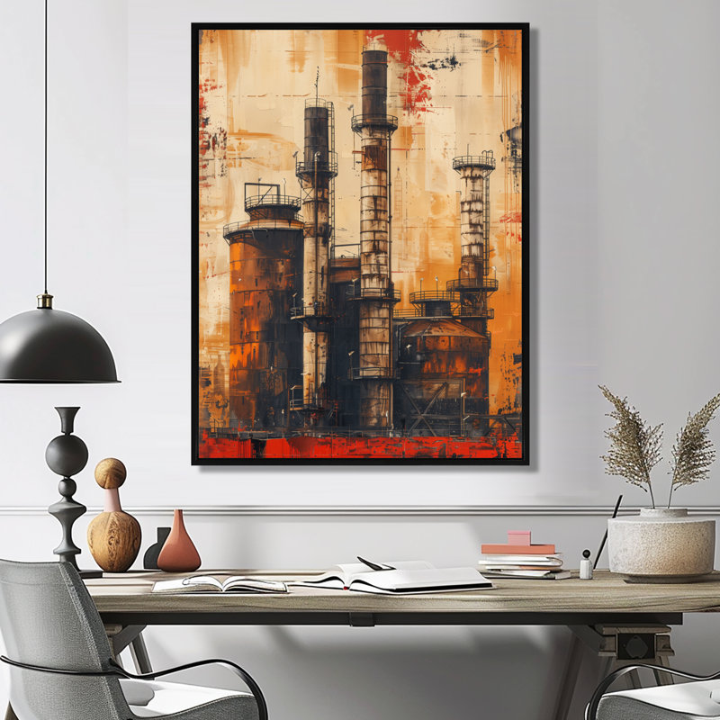 Salon industriel rétro Vintage Polution I - usines, art mural, Toile avec cadre flottant noir, H 44 po x l 34 po x P 1,5 po