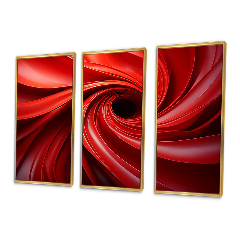 «Red Abstract Spiral Dreamscape IV», art mural abstrait en spirale, Cadre flottant doré, H 28 po x l 36 po x P 1 po