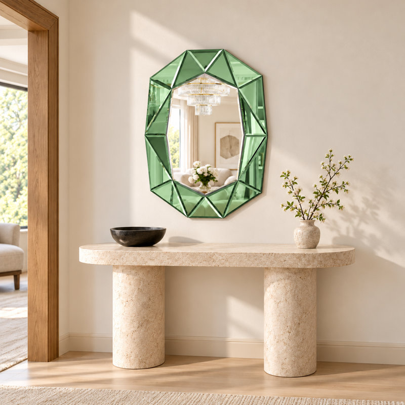 Briahna Geometric Wall Mirror with Silver Mirrored Frame and Bevelled Edges, Green