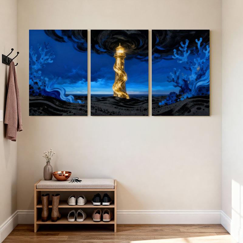 Ensemble de 3 impressions d'art sur toile, "Phare brillant contre la mer orageuse", H 30 po x l 60 po