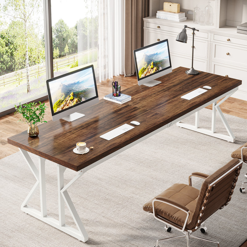 Clennon Metal Base Computer Desk, Brown/White
