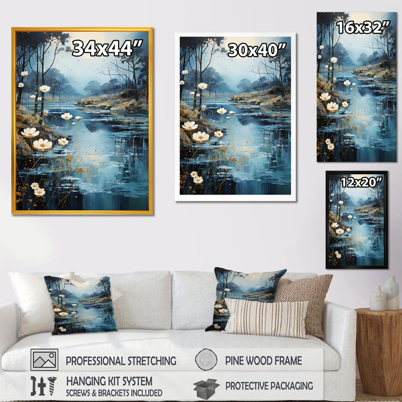 «Blue Moonlit River Blooms I», art mural rivière, Toile tendue, H 32 po x l 16 po x P 1 po