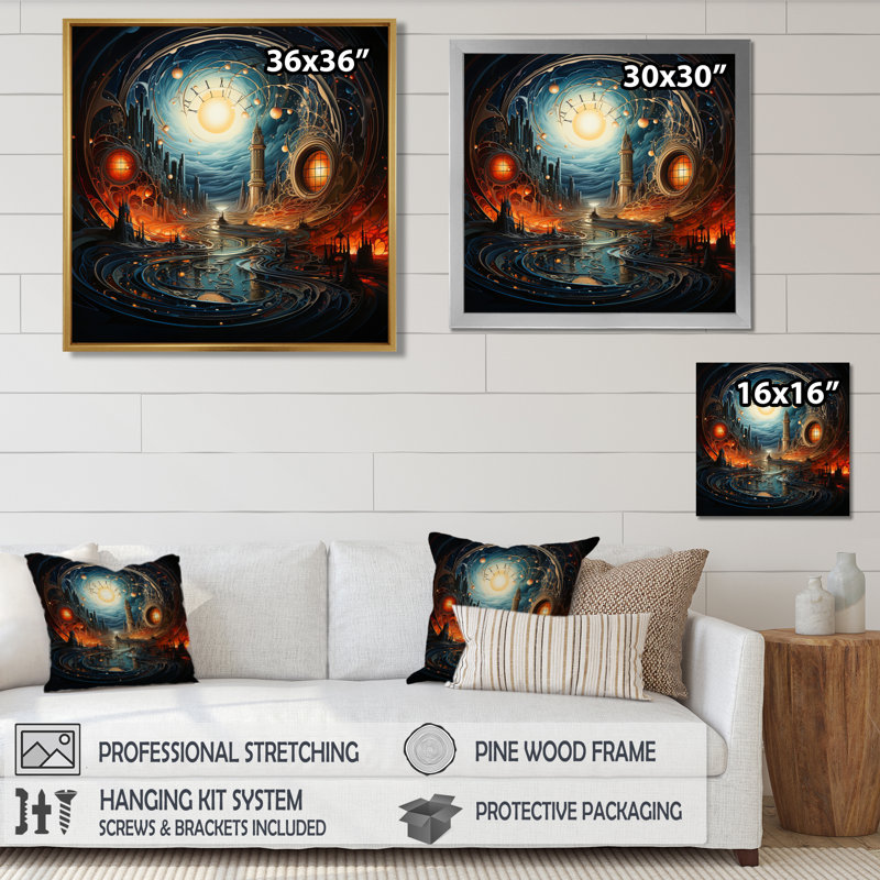 «Eclipse Over Arcadia Mystic Towers», art mural City Fantasy, Toile avec cadre flottant noir, H 16 po x l 16 po x P 1 po