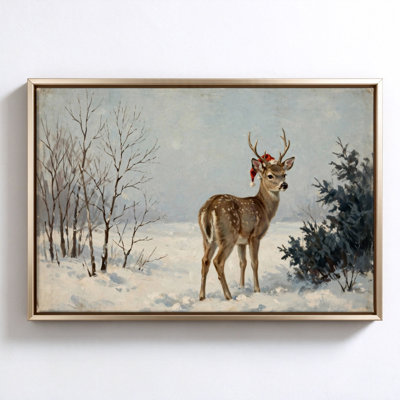«Stag in a Snowy Clearing», art mural sur toile encadré noir, 16 po x 24 po, décoration murale moderne pour le salon et la chambre à coucher
