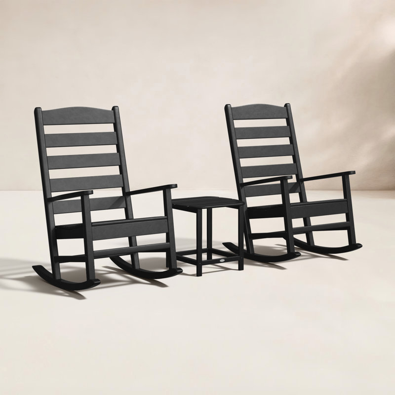 POLYWOOD Rocker 3-Piece Porch Rocking Chair Set, Black