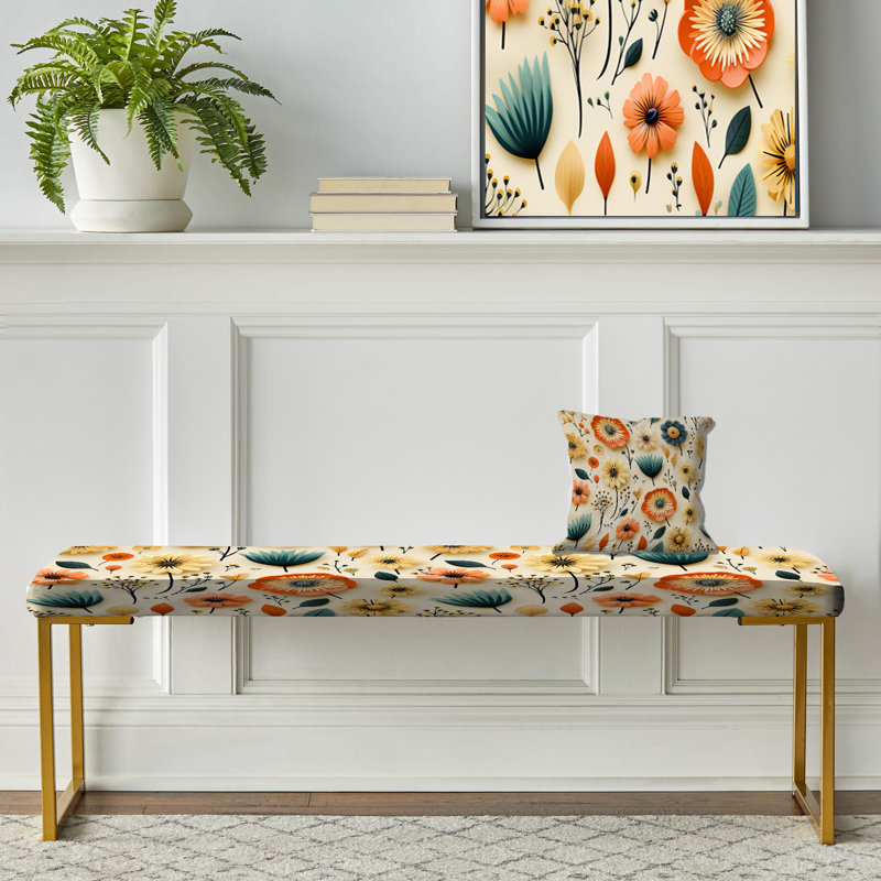 Vintage Mod Florals - Midcentury Upholstered Gold Bench