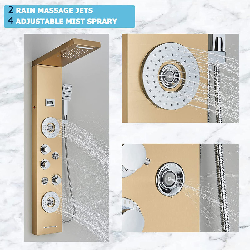Panneau de douche 45 po avec pomme de douche fixe, Or brossé