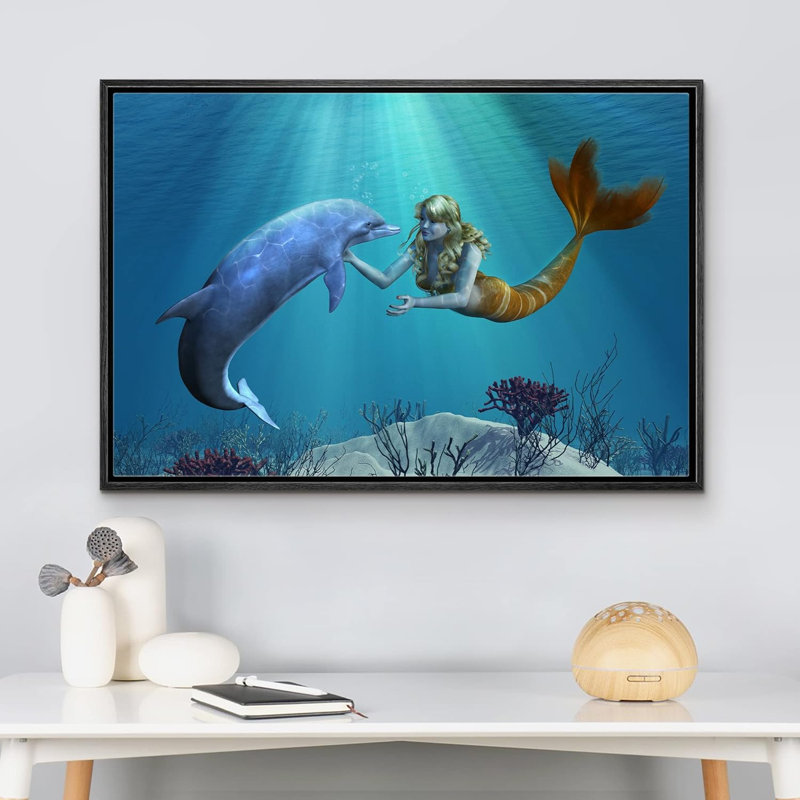 «Dolphin and Mermaid Under The Sea» sur, H 16 po x l 24 po, Cadre noir