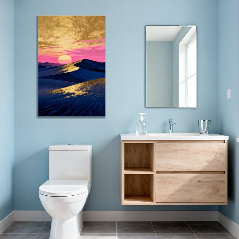 Paysage et nature Dunes du désert ciel coucher de soleil rose or bleu, H 30 po x l 20 po