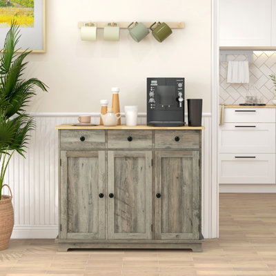 Kitchen Cabinet Storage - Gray, Solid Wood Countertop, 3 Drawers, Doors, Adjustable Shelf For Space Sideboard Arranges Your Items Like Plates, Pots, Pans, Utensils, Napkins