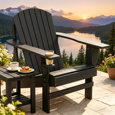 Chaise Adirondack moderne en bois avec porte-gobelet, chaise haute capacité 330 lb pour patio et terrasse, chaise longue ergonomique à haut dossier, noir