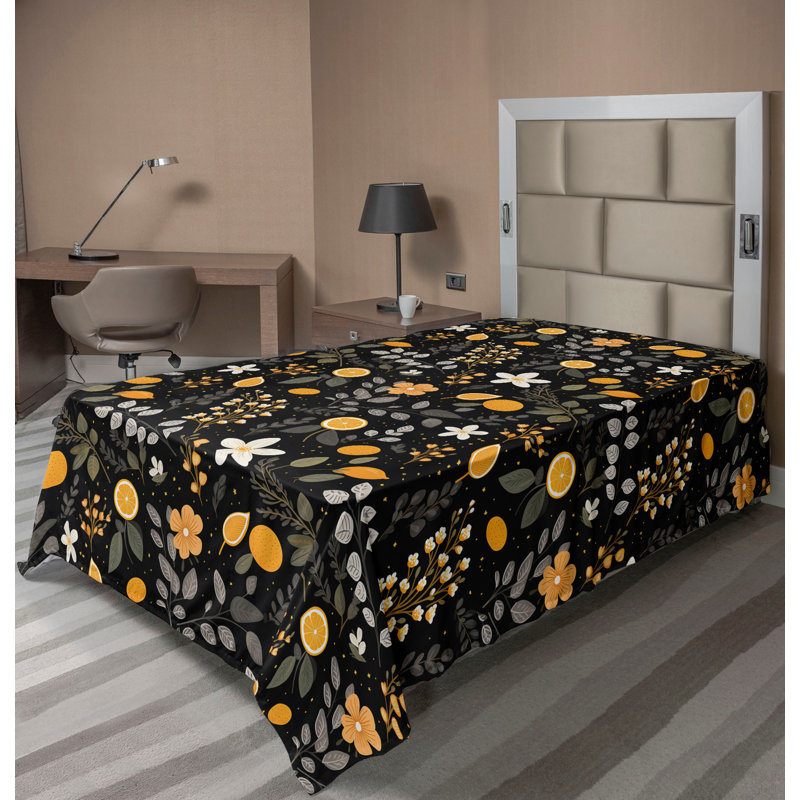 Ambesonne Flowers Flat Sheet Nostalgia Farmhouse, Mustard Army Green Ivory