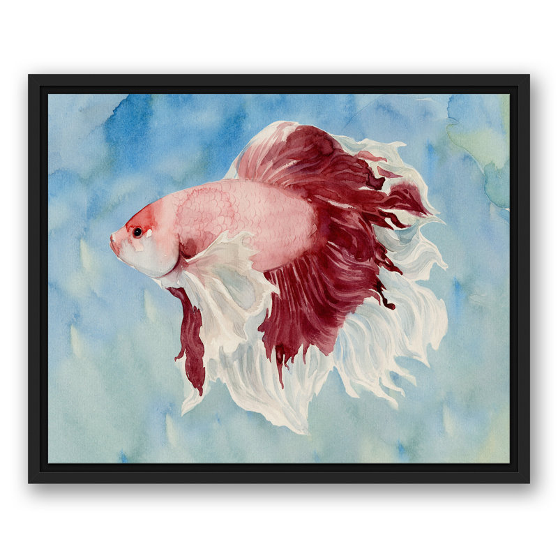 Poisson rouge sur toile, H 17,75 po x l 21,75 po x P 1,75 po, Cadre flottant noir