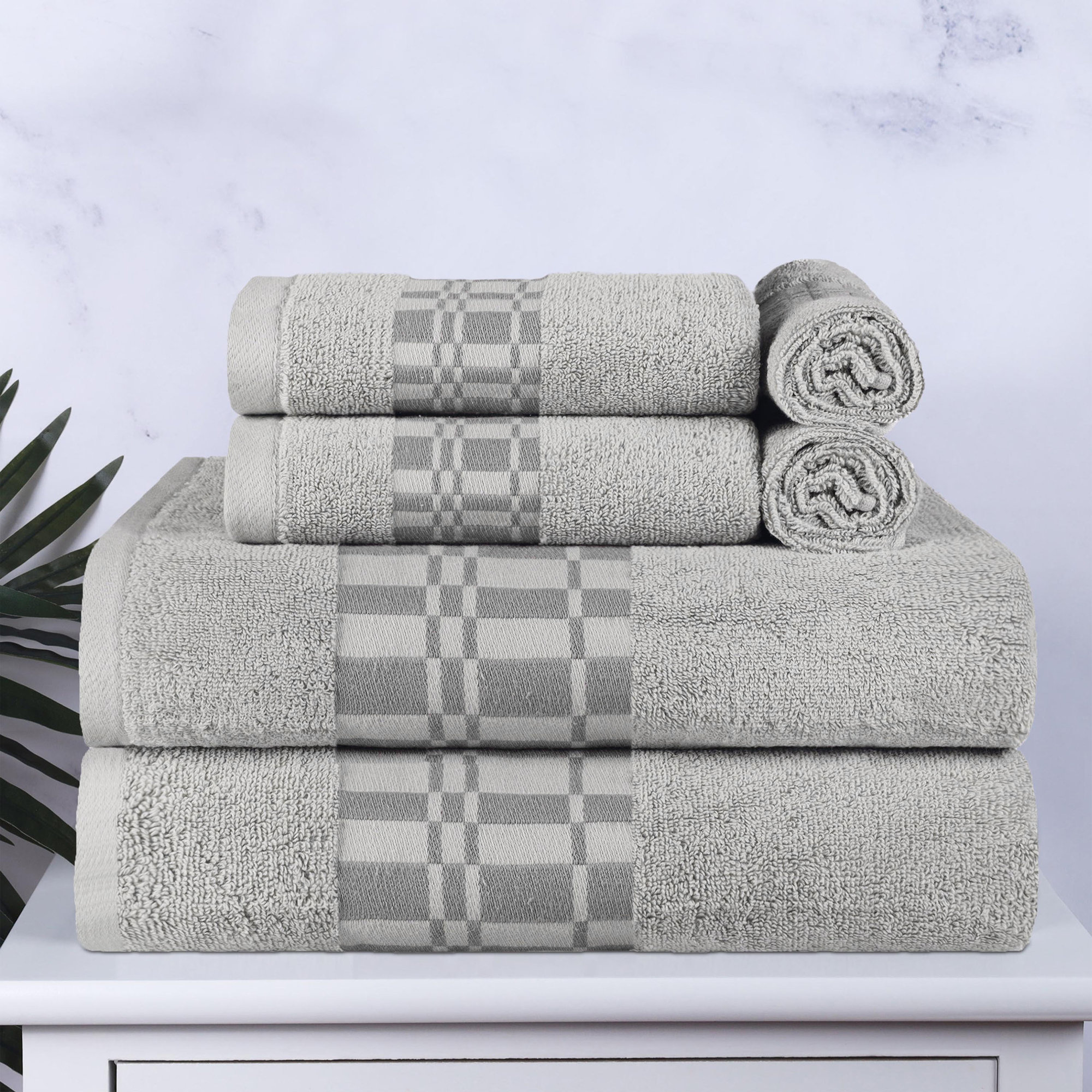 Mikira Larissa Cotton Medium Weight Geometric Border 6 Piece Assorted Towel Set, Chrome