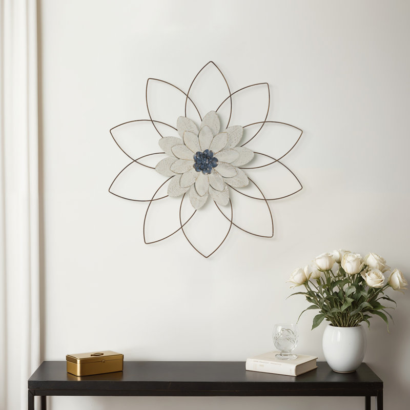 Yousaf Metal Floral Wall Decor with Layered Petals and Openwork Frame, Blue, 25" H x 25" W x 3" D