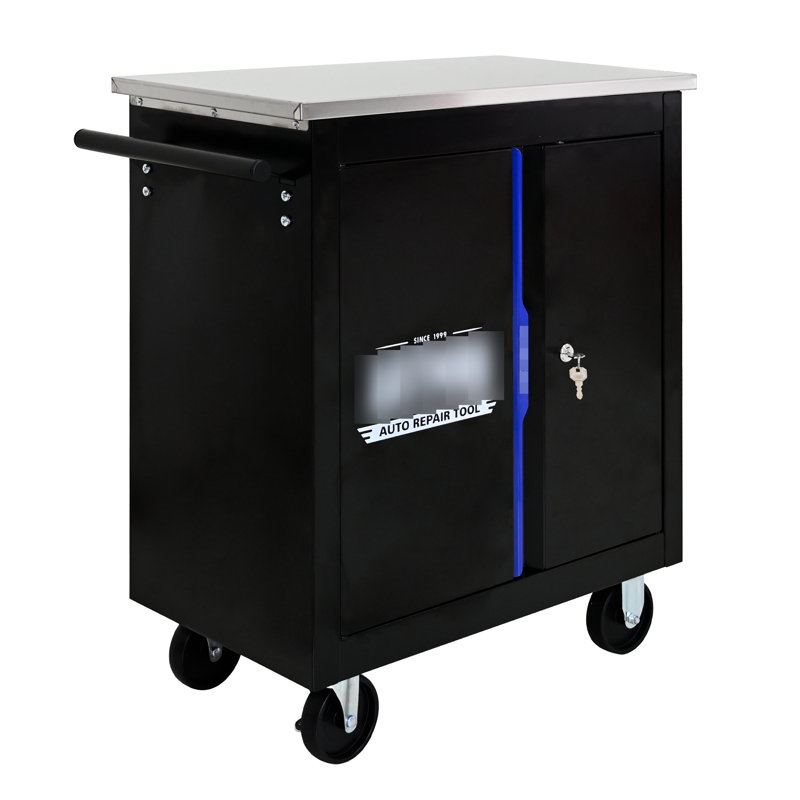 Chariot multi avec plateau en acier inoxydable et 2 freins noir + armoire à outils bleue 4 po profondeur de 27,36 po