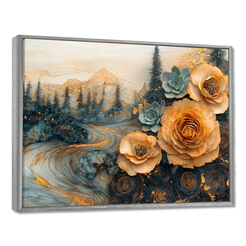 Moheez en bois fleurs succulentes dans la rivière paysage II - art mural succulent, H 30 po x l 40 po, Argent argent