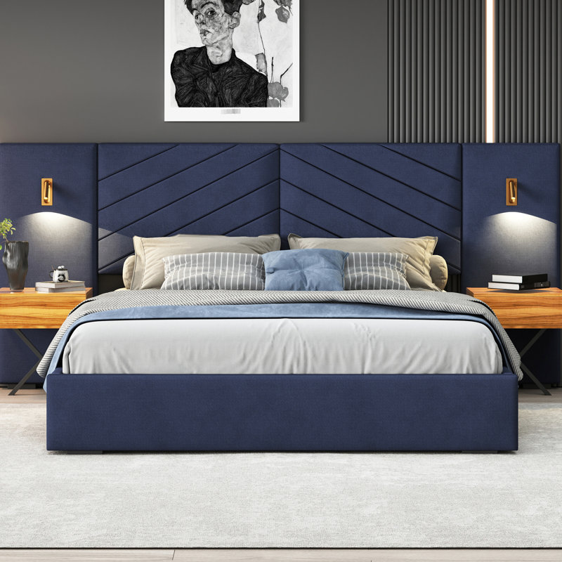 Grand lit plateforme en velours bleu rétro - Construction, tendance avec structure et tête de lit en bois