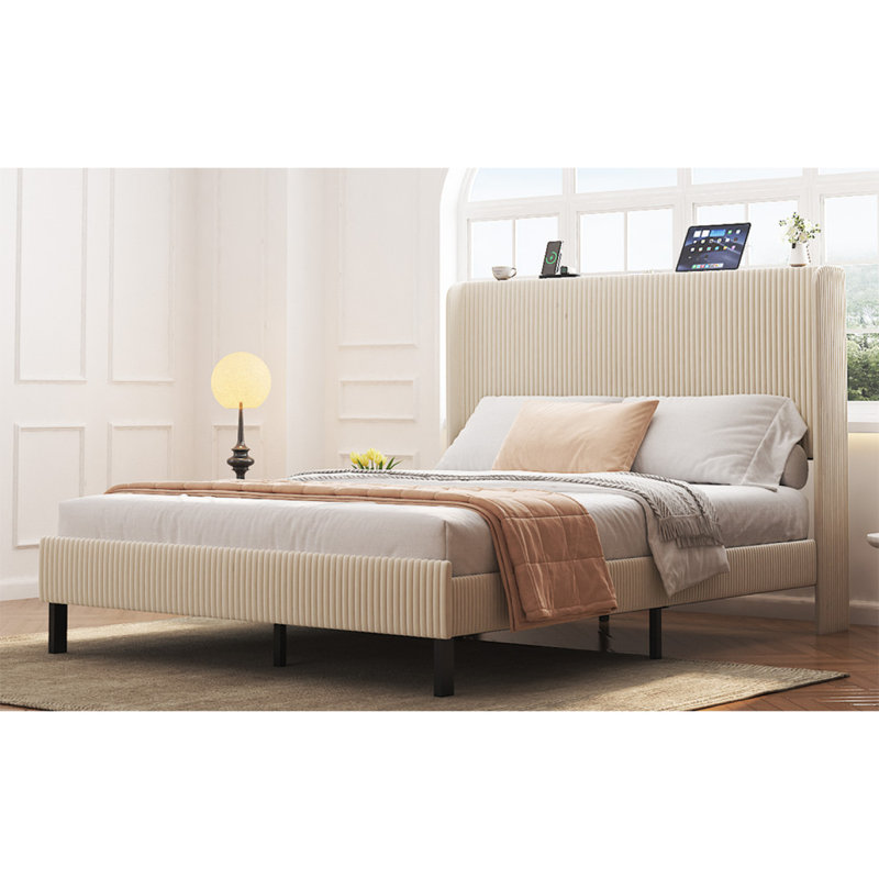 Full Size Platform Bed , Metal Bed Frame with Charging Station, No Box Spring Needed, (Beige), Noise Free,Easy Assemble.