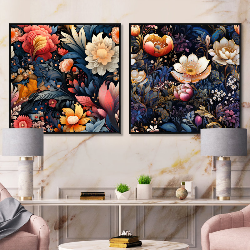 Ensemble de 2 motifs de plantes carrées, Cadre flottant noir, H 16 po x l 33 po