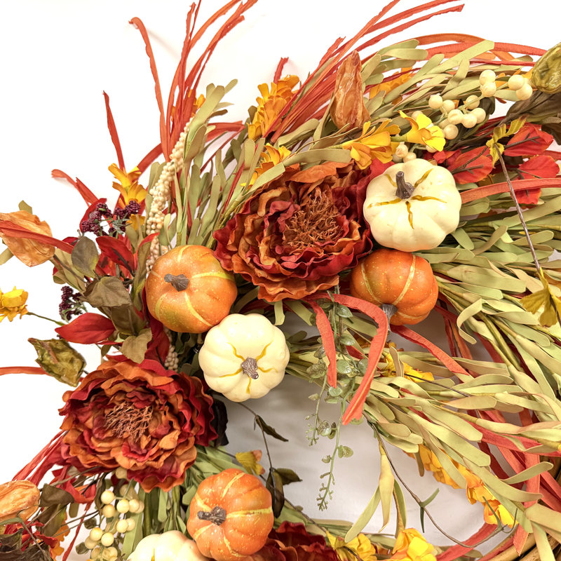 26" Faux Fall Thanksgiving Day Pumpkin Berry Front Door Wreath