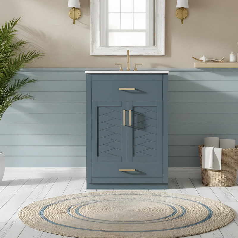 Meuble-lavabo autoportant de 24 po avec lavabo en céramique, 2 tiroirs et 2 portes à fermeture en douceur, Bleu