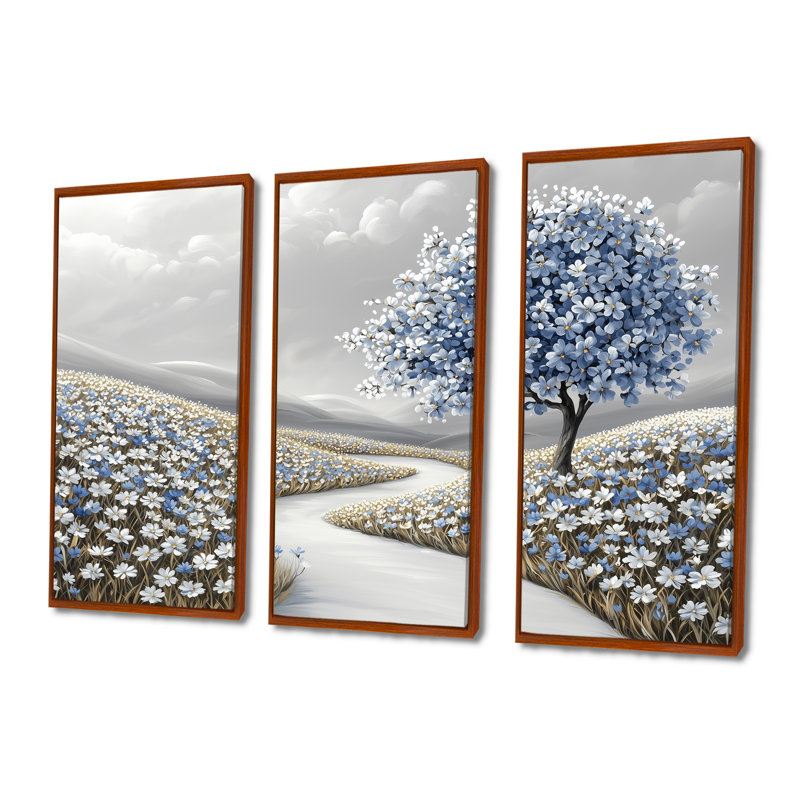 Ensemble de salon d'art mural campagne Blooms I - Cornflowers, Toile avec cadre flottant brun, H 28 po x l 36 po x P 1 po