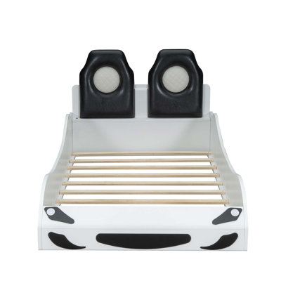 Wood Race Car-Shaped Platform Bed With LED And Upholstered Backrest