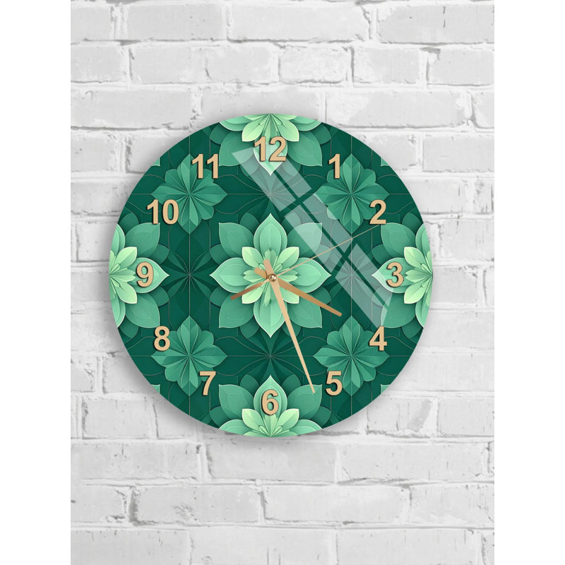 Horloge murale florale en verre trempé, décor botanique vert, style moderne, horloge surdimensionnée, horloge de cuisine, horloge de salon, décoration intérieure