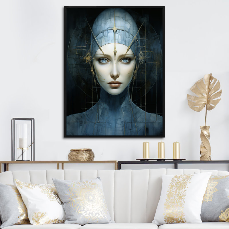 Portrait de femme bleu gothique - art mural Pop Art, Cadre flottant noir, 20" H x 12" W