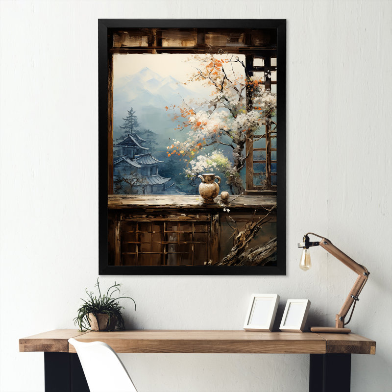 Floral, paysage japonais rétro, art mural III, Cadre photo noir simple, H 20 po x l 12 po x P 1 po