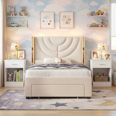 3-Piece Bedroom Set, All-in-One Kids Bedroom Solution, Upholstered Bed with Ambient Light + 2 Nightstands, EXTRA Storage Drawer