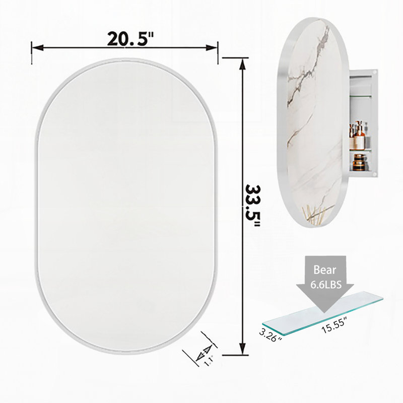 Armoire encastrée ovale 20 po x 34 po, armoire de salle de bain avec cadre en métal avec miroir et tablettes réglables pour la salle de bain