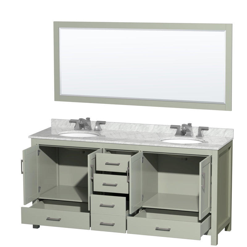 Sheffield 72" Double Bathroom Vanity Set with Mirror, White Carrara Marble, 8" Widespread, Light Green