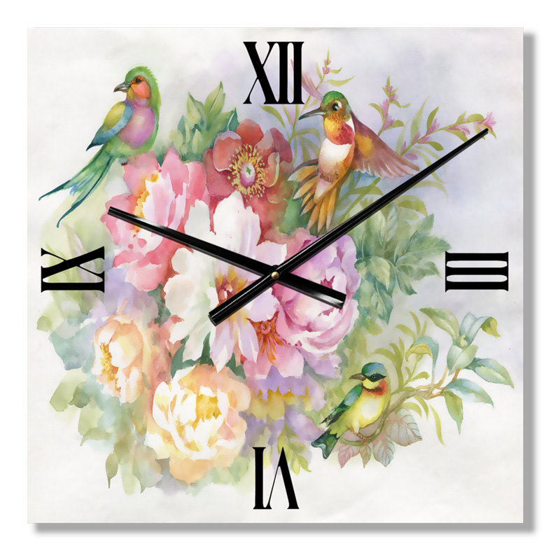 Horloge murale vibrante rétro avec fleurs et oiseaux, Très grand