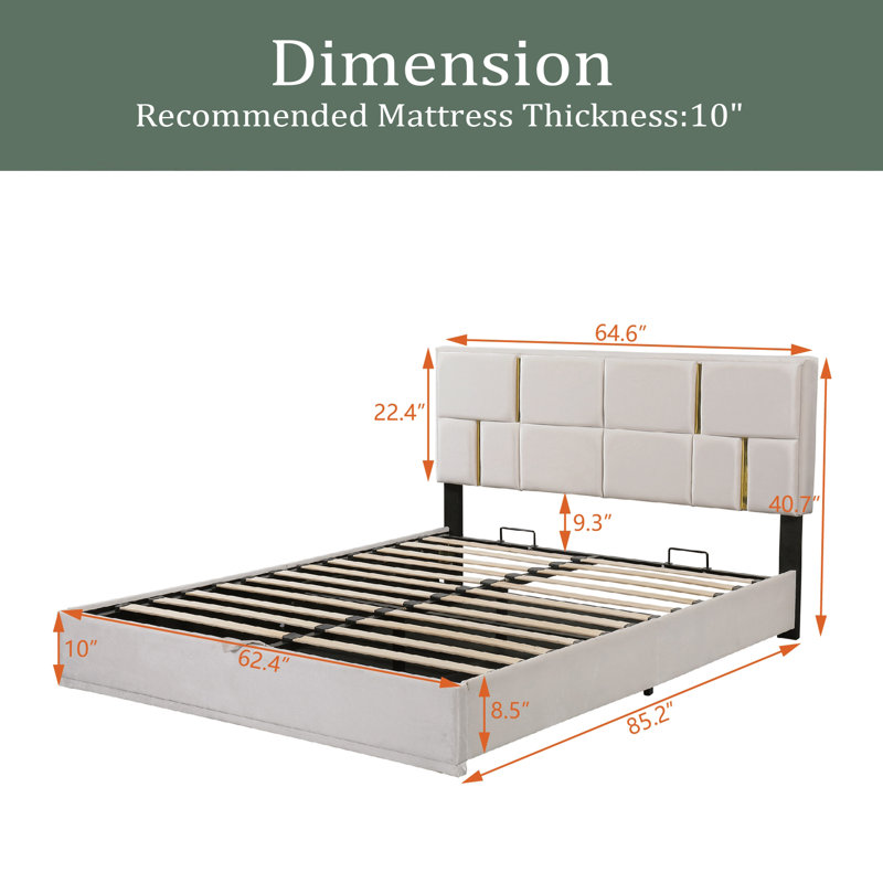 Queen Size Upholstered Platform Bed With Hydraulic Storage System,No Box Spring Needed, Beige