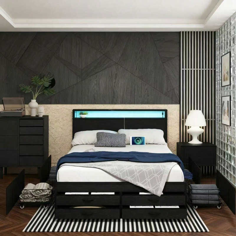 Bed Frame with 8 Storage Drawers, LED Headboard with Charging Station, Metal Platform Bed Frame, No Box Spring Needed, Noise-Free, Stable and Solid, BLACK