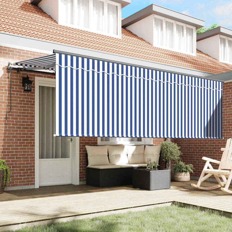 VidaXL Retractable Patio Awning, 165cm H x 350cm W x 200cm D, Blue/White/White