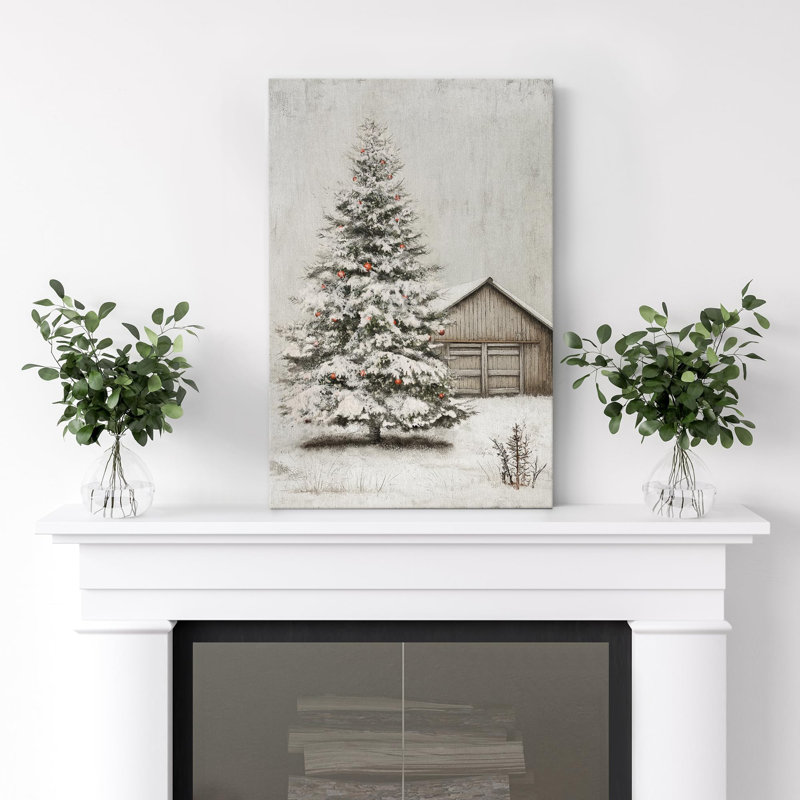 Arbre de Noël rustique enneigé, décorations rouges de vacances par une grange, décor de ferme Illustration, Toile tendue