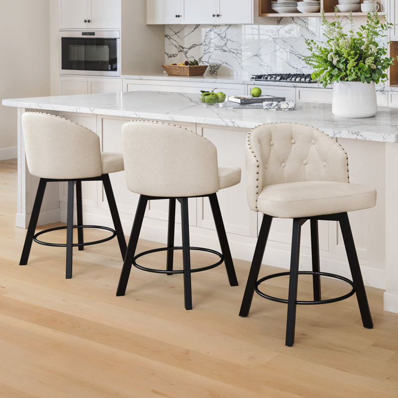 Tabouret de comptoir pivotant de 26 po avec dossier capitonné à boutons et structure en métal, Lin / lin