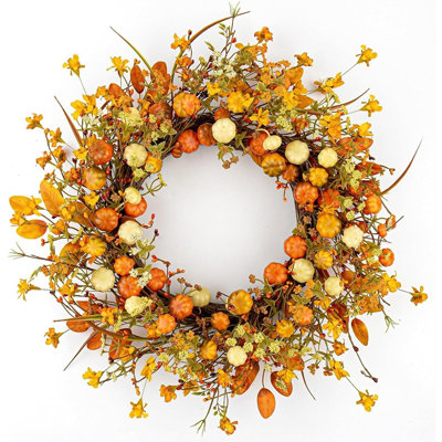 Couronne de citrouille artificielle d'automne avec des accents rustiques d'automne, décor de porte d'entrée de maison de campagne pour les espaces extérieurs intérieurs, décoration saisonnière de Thanksgiving