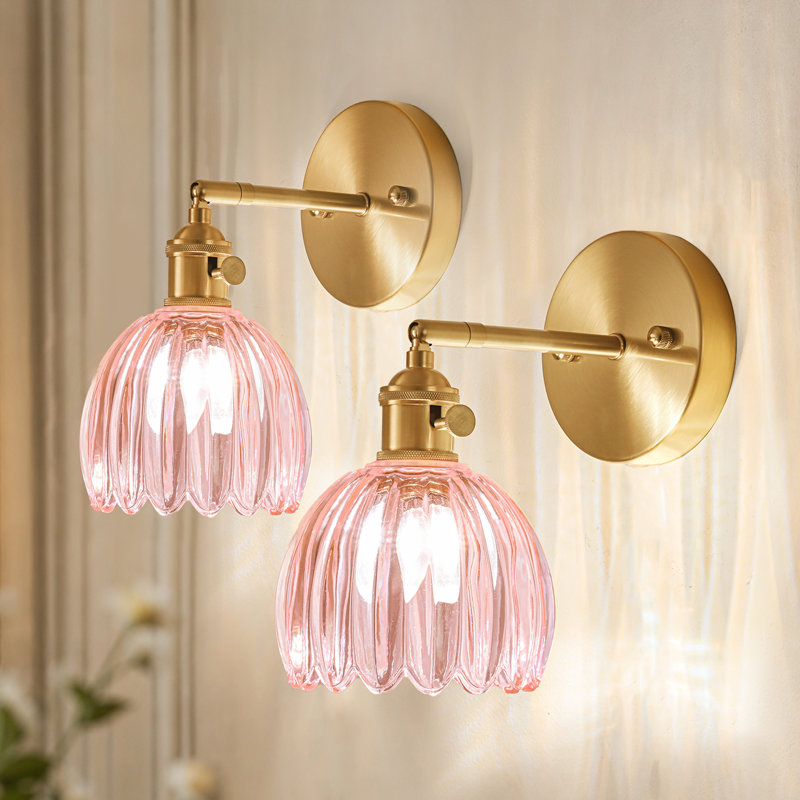 Applique murale en fer avec abat-jour en verre rose en forme de pétale, Pink