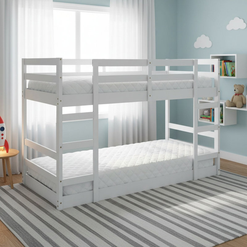 Lit superposé simple au-dessus de simple en bois massif avec échelle pour garçons et filles, Simple sur simple, White