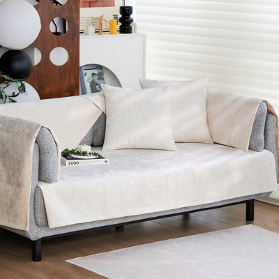 Housse pour canapé en chenille pour coussins carrés / rectangulaires - antidérapant, doux comme du velours, lavable, beige crème