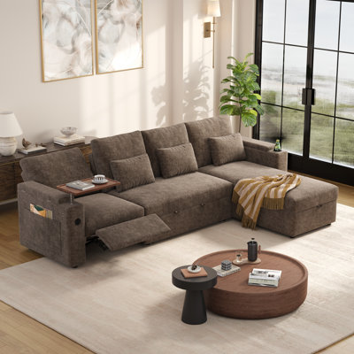 108'' Convertible Sleeper Sofa Bed with Pull Out, Storage, USB Charging Ports & Side Table, 3-in-1 Sectional Couch with Hidden Storage Armrests, Khaki