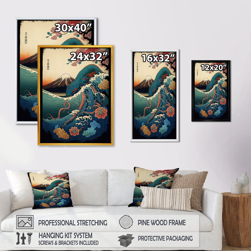 Paysage japonais avec lézard - photographie sur toile, H 32 po x l 16 po x P 1 po, Toile avec cadre flottant noir