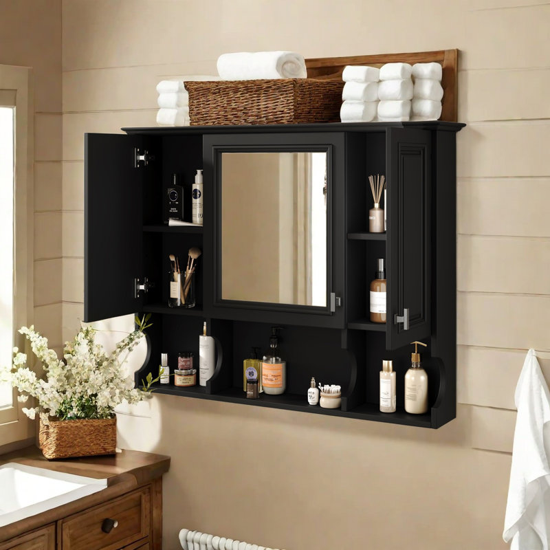 Armoire de salle de bain murale à miroir avec tablettes réglables, armoire à pharmacie de 35 po avec rangement, panneau en MDF imperméable, conception peu encombrante pour la salle de bain