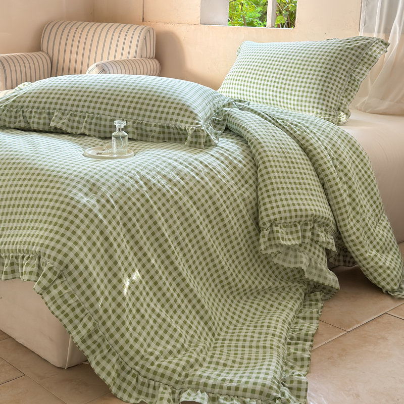 Ensemble d'édredon à volants en microfibre Gingham, Très grand lit, Vichy vert