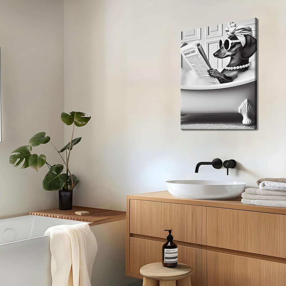 Funny Dog In Tub Canvas Wall Art Funky Dachshund Bathroom Picture Black And White Humor Animal Poster Prints Unique Cool Dog Lovers Painting Artwork W